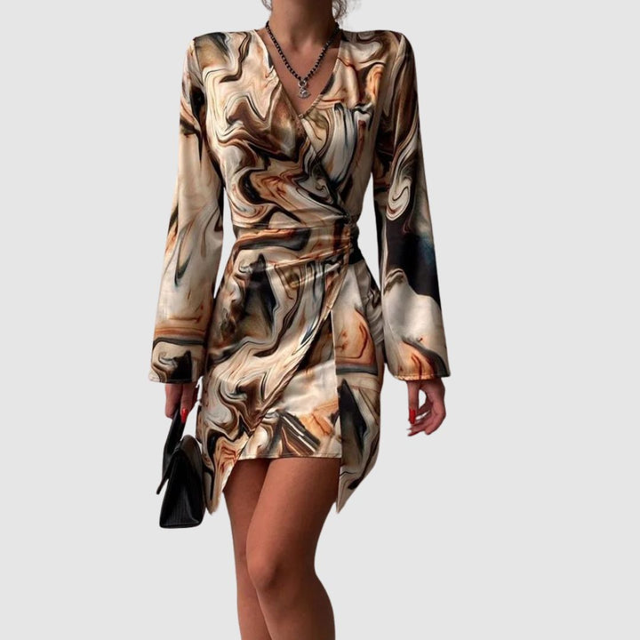 Jena Women's Wrap Dress – Text Print, V-Neck, Elegant Long Sleeves