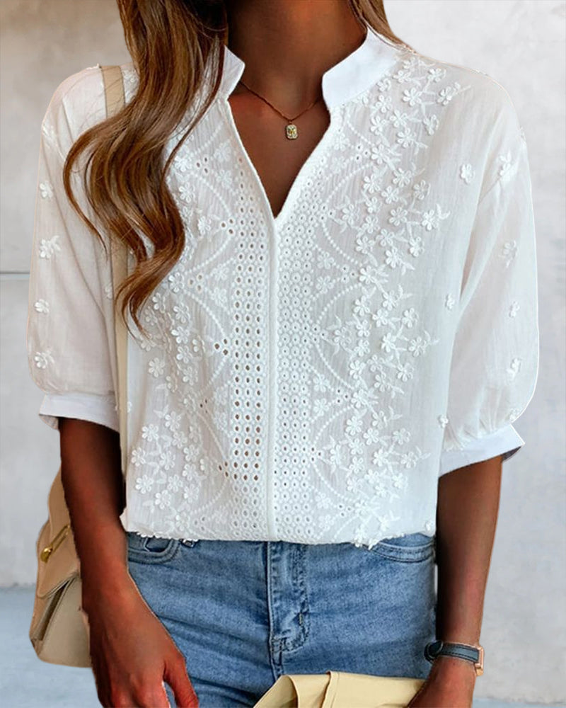 Amélie Women's Blouse – V-Neck Top with Puff Sleeves, Cotton Blend & Patchwork Details