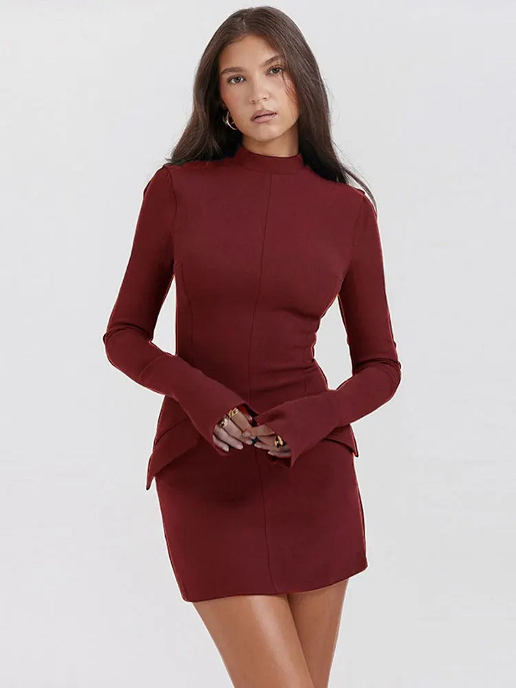 Lisa Short Dress for Women – Fitted Cut, Flared Long Sleeves & Chic High Collar