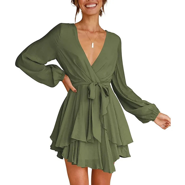 Cléo Women's Short Dress – Flared Dress with V-Neck, Belt & Long Sleeves
