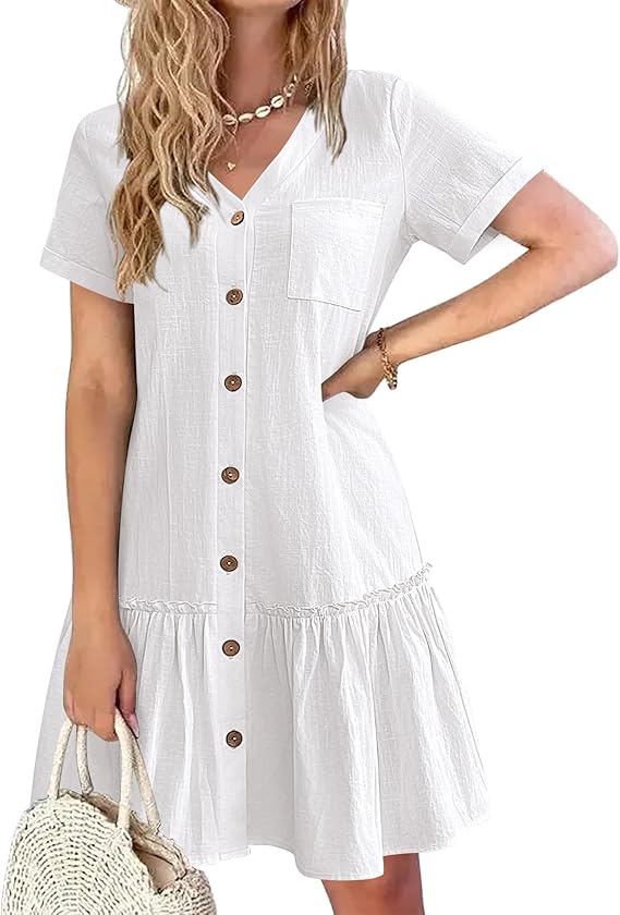 Tianka Women's Dress – Cotton & Linen, V-Neck & Loose Fit Buttoned Summer Elegant