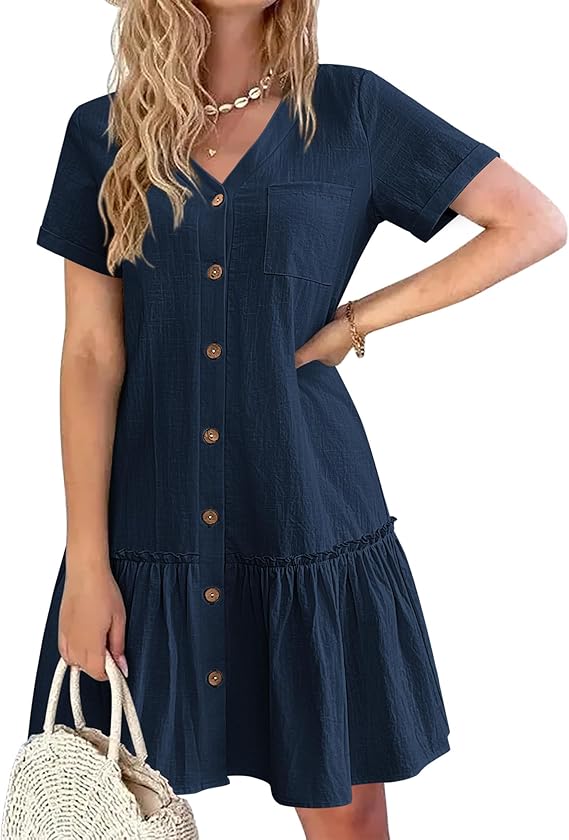 Tianka Women's Dress – Cotton & Linen, V-Neck & Loose Fit Buttoned Summer Elegant