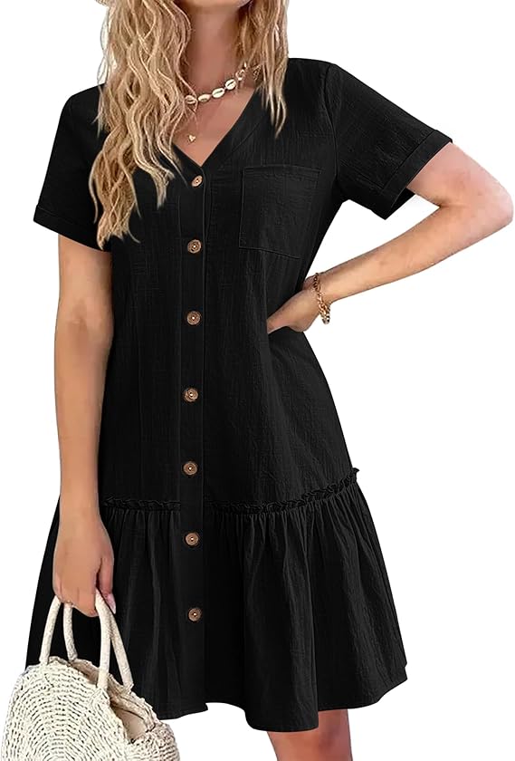 Tianka Women's Dress – Cotton & Linen, V-Neck & Loose Fit Buttoned Summer Elegant
