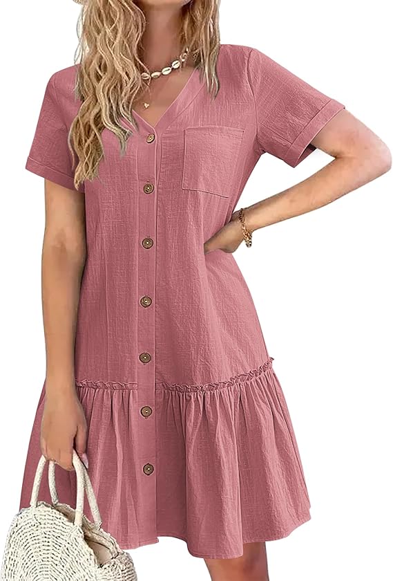 Tianka Women's Dress – Cotton & Linen, V-Neck & Loose Fit Buttoned Summer Elegant