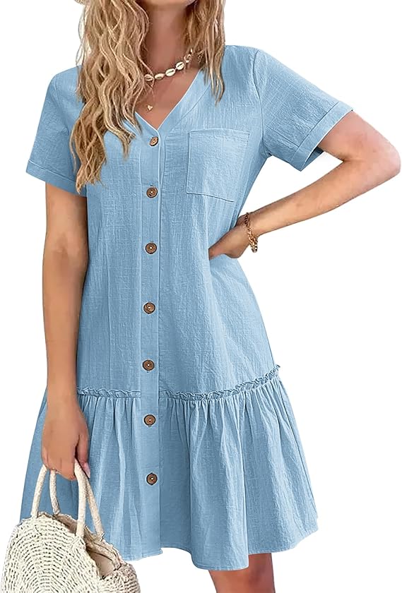 Tianka Women's Dress – Cotton & Linen, V-Neck & Loose Fit Buttoned Summer Elegant