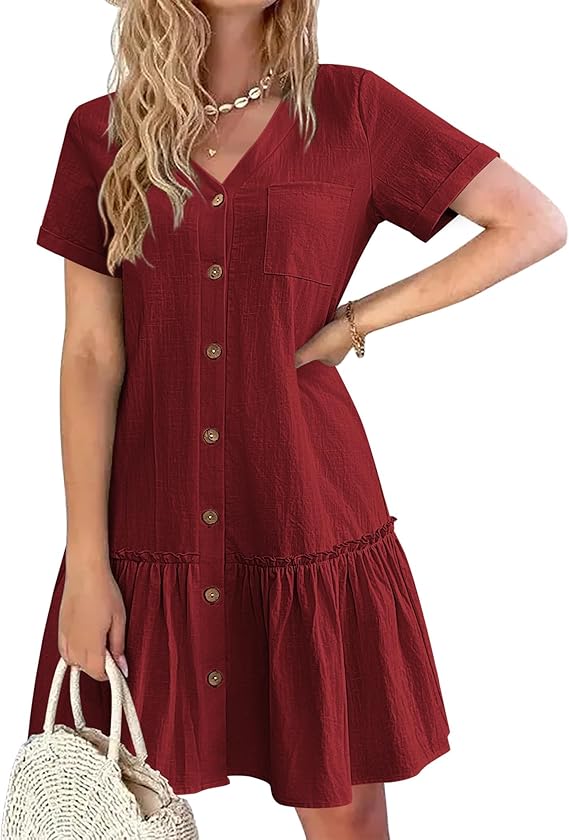 Tianka Women's Dress – Cotton & Linen, V-Neck & Loose Fit Buttoned Summer Elegant