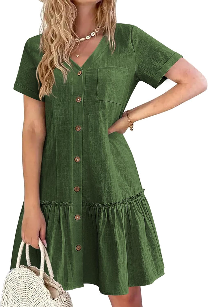Tianka Women's Dress – Cotton & Linen, V-Neck & Loose Fit Buttoned Summer Elegant