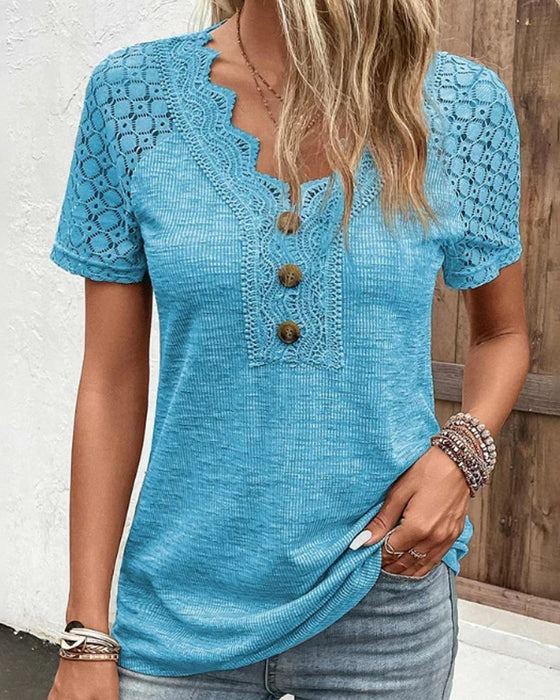 Chandy Women's T-Shirt with Lace Details – Lightweight Cotton Short Sleeves for Spring & Summer