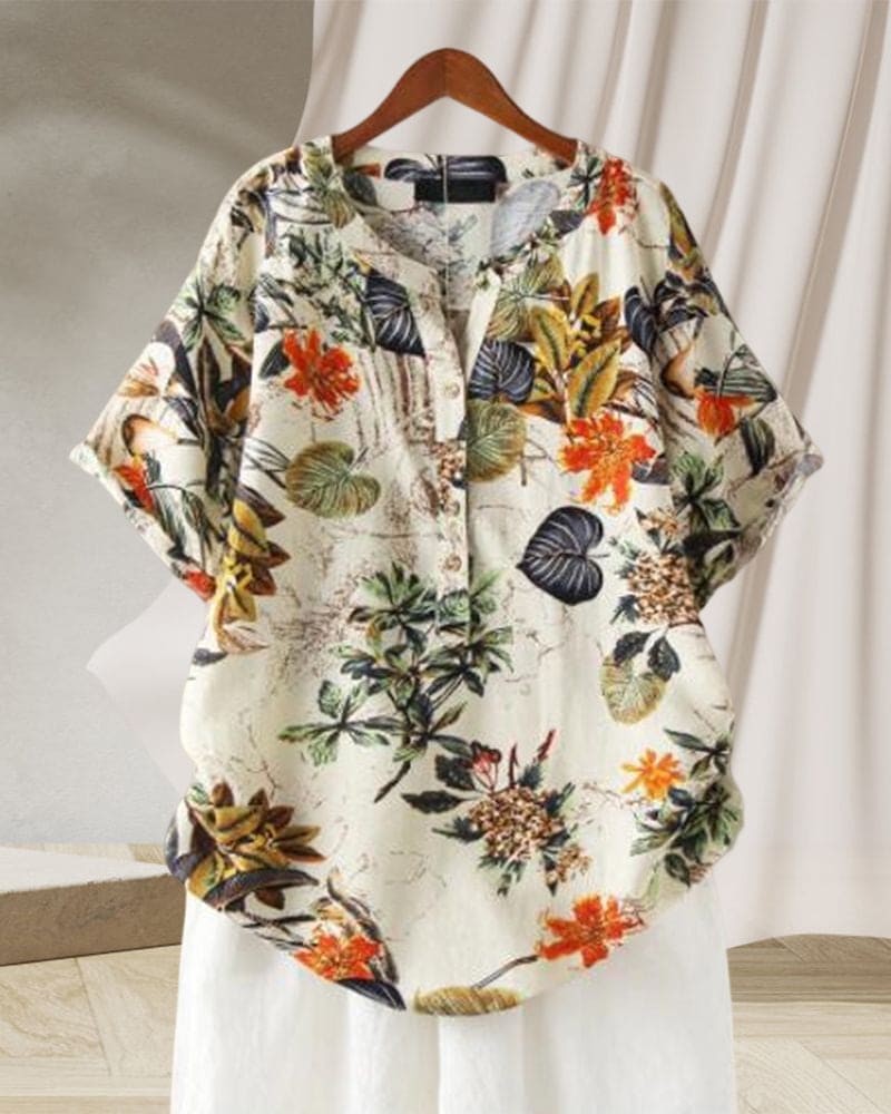 Women's Elisse T-Shirt – Casual Floral Print T-Shirt, Cotton-Linen Blend & Knotted Detail