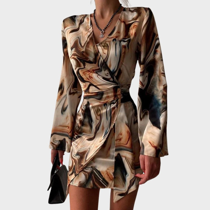 Jena Women's Wrap Dress – Text Print, V-Neck, Elegant Long Sleeves