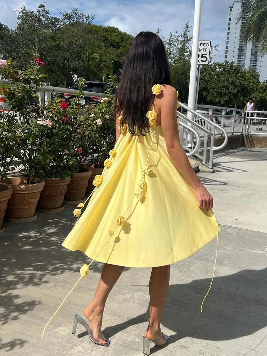 Genesis Summer Dress for Women – Yellow Cotton A-Line Dress with Floral Straps & Light Fit