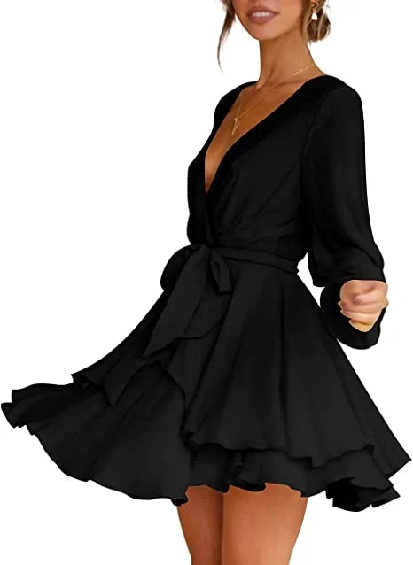 Cléo Women's Short Dress – Flared Dress with V-Neck, Belt & Long Sleeves