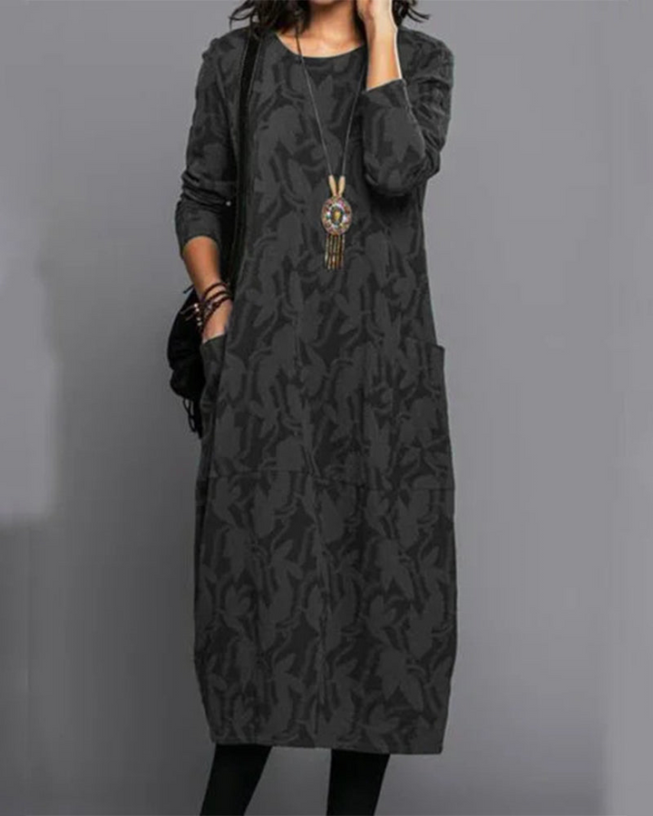 Isabella Long Dress for Women – Comfortable Fleece Dress with Long Sleeves, Pockets, and Trendy Floral Pattern