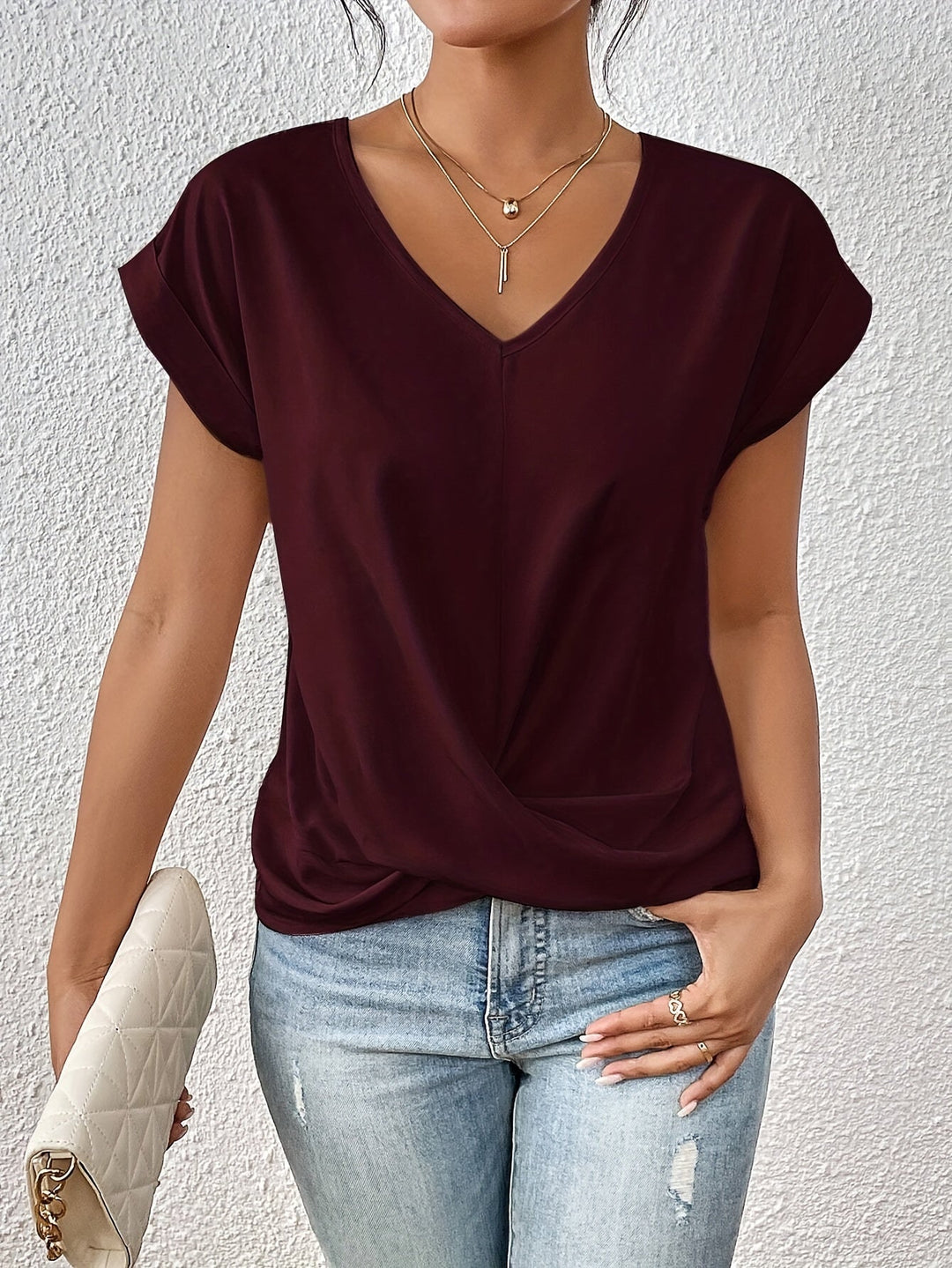 Yasmine Women's Top – V-Neck with Knot Detail, Elegant Draping & Comfortable Fit