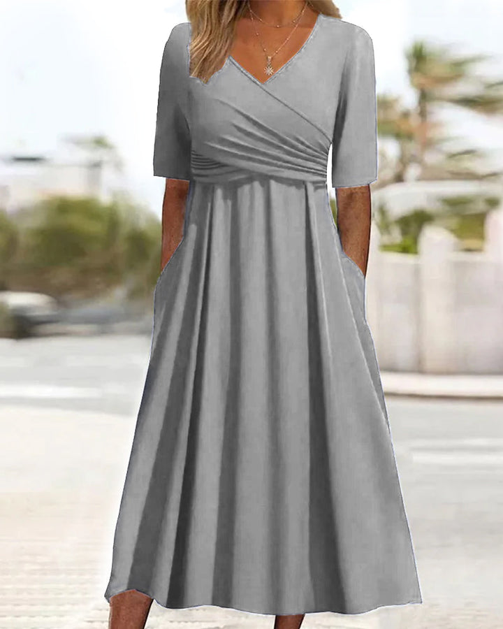 Marley Midi Dress for Women – Cotton A-Line Dress with V-Neck, Pleats, and Pockets for All Occasions