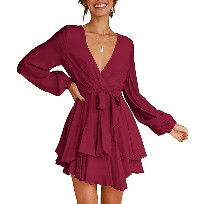 Cléo Women's Short Dress – Flared Dress with V-Neck, Belt & Long Sleeves