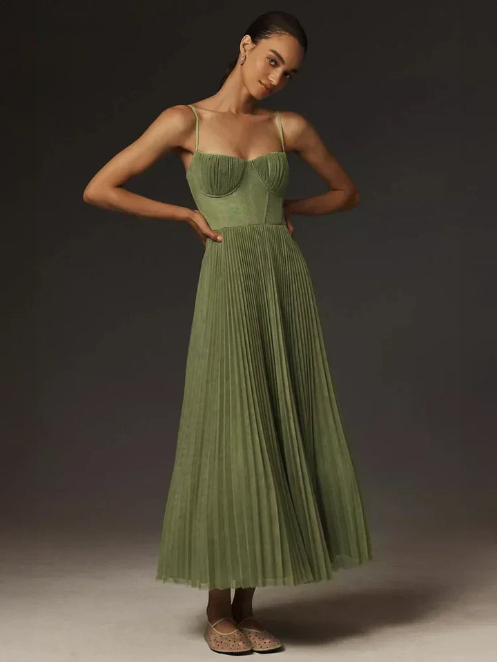 Juliana Midi Dress for Women – Elegant Tulle Dress with Pleated Corset & A-Line Flared Skirt