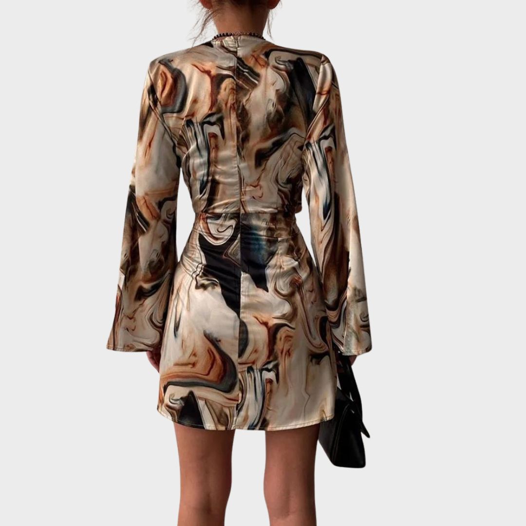 Jena Women's Wrap Dress – Text Print, V-Neck, Elegant Long Sleeves