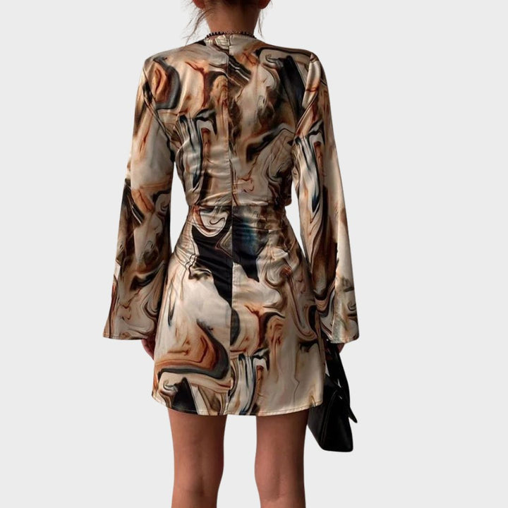 Jena Women's Wrap Dress – Text Print, V-Neck, Elegant Long Sleeves