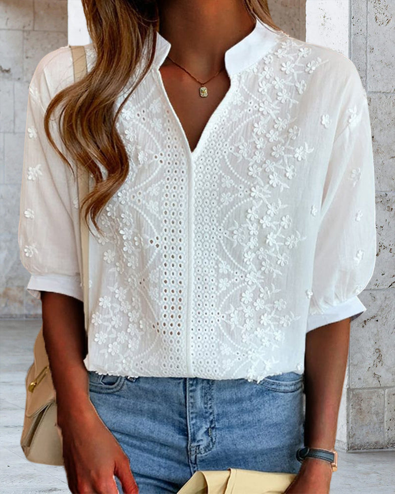 Amélie Women's Blouse – V-Neck Top with Puff Sleeves, Cotton Blend & Patchwork Details