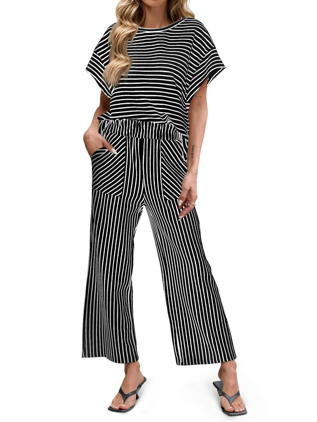 Bea | Two-Piece Striped Set Short Sleeve T-Shirt and Wide Pants