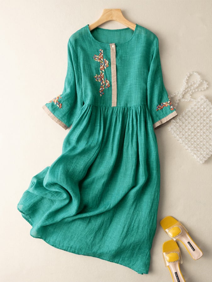 Zara Women's Dress – Embroidered Cotton and Linen Dress with Ethnic Design & Comfortable Fit