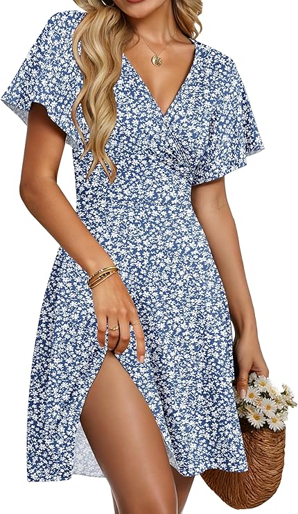 Taffy Summer Dress for Women – Cross V-Neck, Ruffled Sleeves & Elegant A-Line Cut