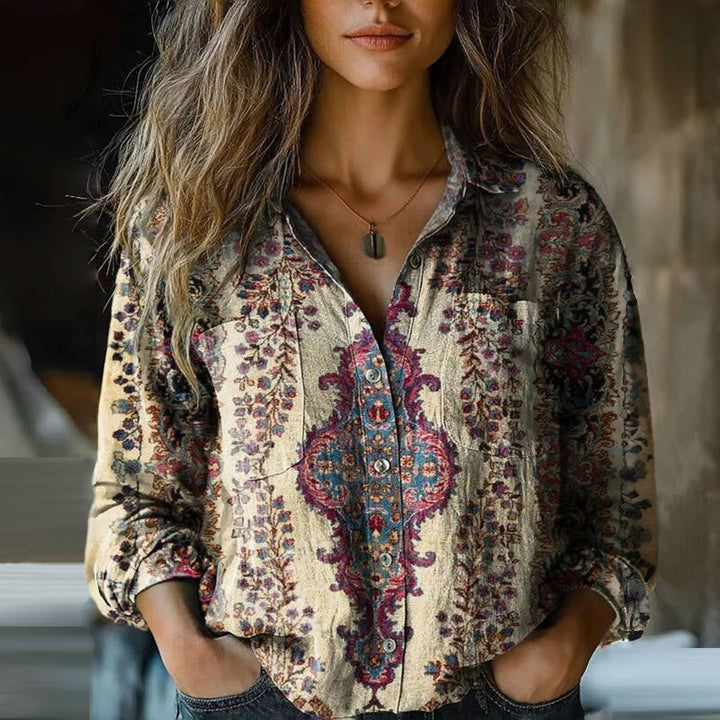 Vintage Lina Blouse – Elegant Floral Pattern Blouse, Long Sleeves & Chic Collar