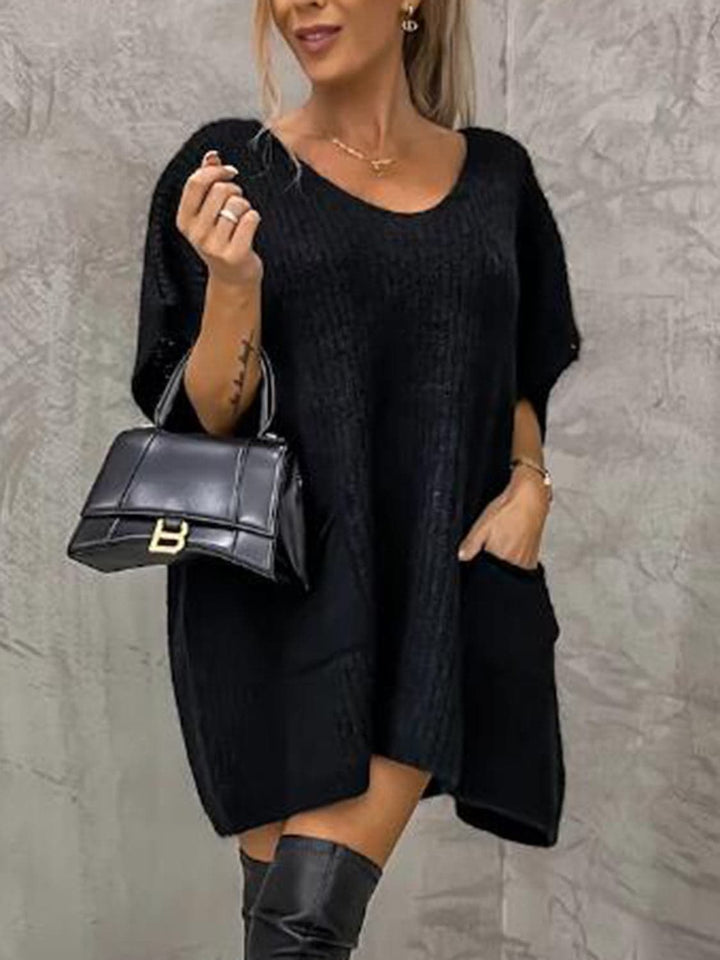 Francesca Knitted Dress for Women – Soft Knit with V-Neck, Relaxed Fit, Short Sleeves, and Front Pockets