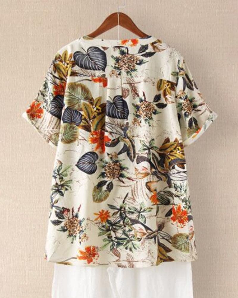 Women's Elisse T-Shirt – Casual Floral Print T-Shirt, Cotton-Linen Blend & Knotted Detail