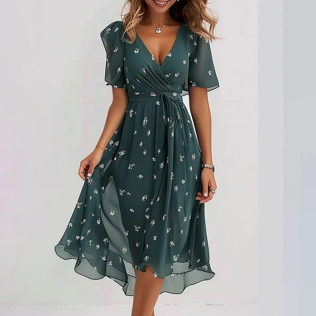 Emily Midi Dress for Women – Lightweight Chiffon Dress with Floral Print, V-Neck & Fitted Waist