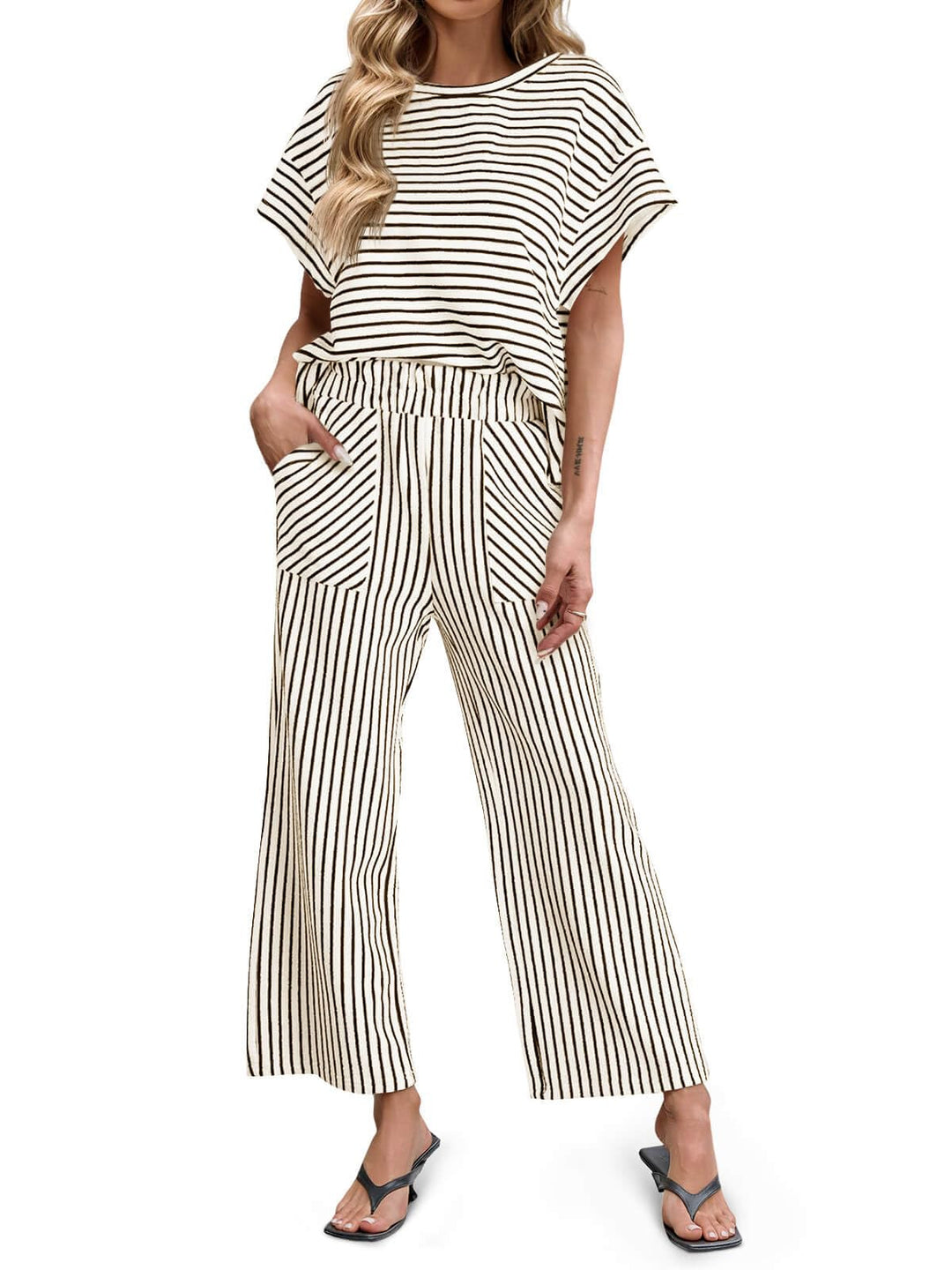Bea | Two-Piece Striped Set Short Sleeve T-Shirt and Wide Pants