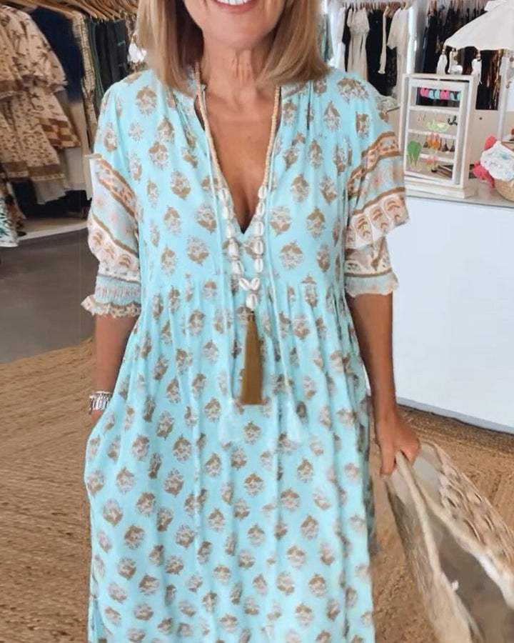 Tallulah Women's Dress – Printed V-Neck Dress with Three-Quarter Sleeves & Comfortable Fit