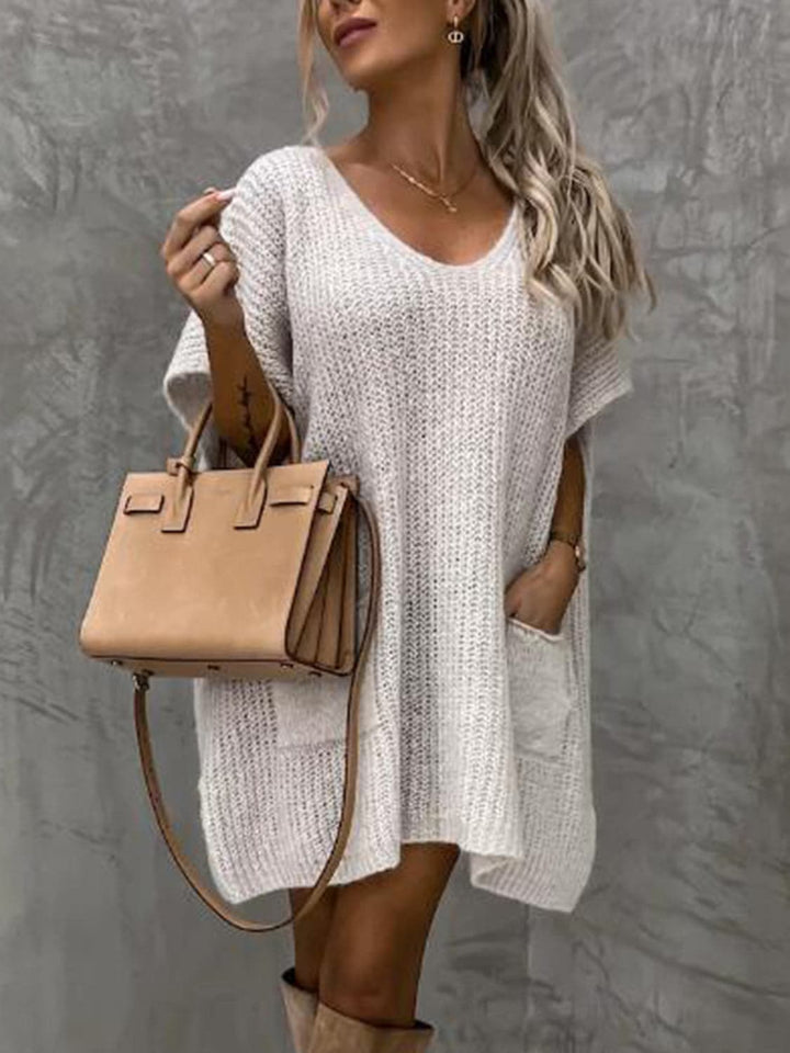 Francesca Knitted Dress for Women – Soft Knit with V-Neck, Relaxed Fit, Short Sleeves, and Front Pockets