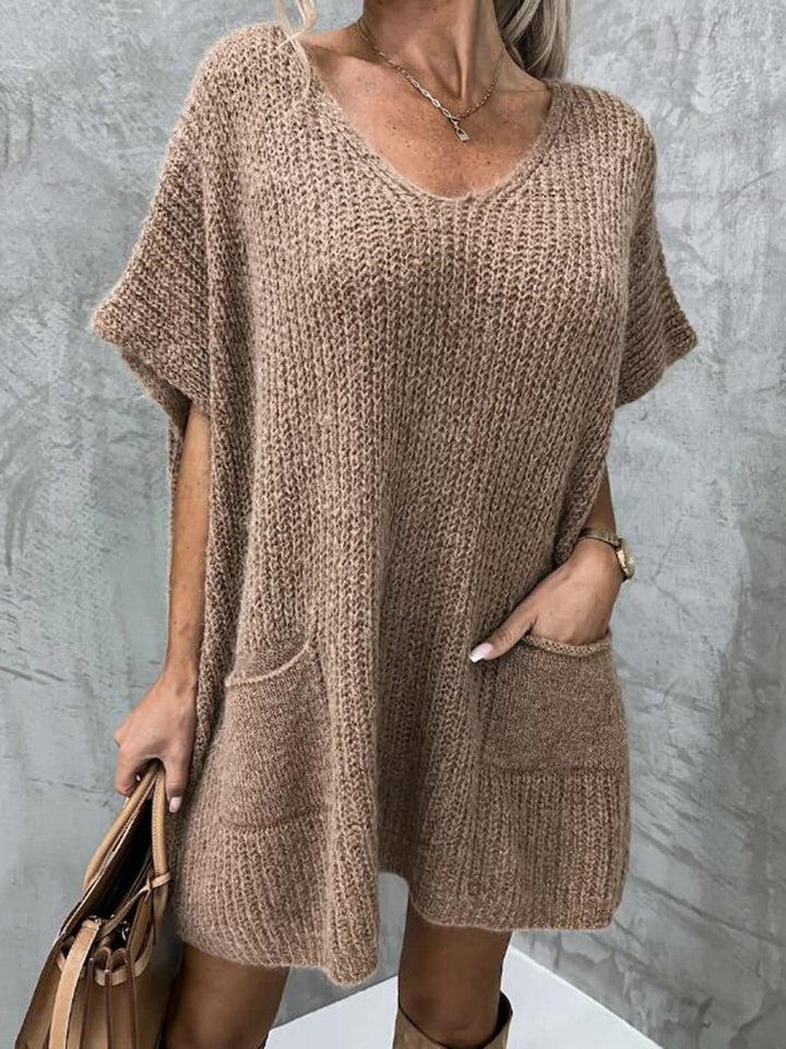 Francesca Knitted Dress for Women – Soft Knit with V-Neck, Relaxed Fit, Short Sleeves, and Front Pockets