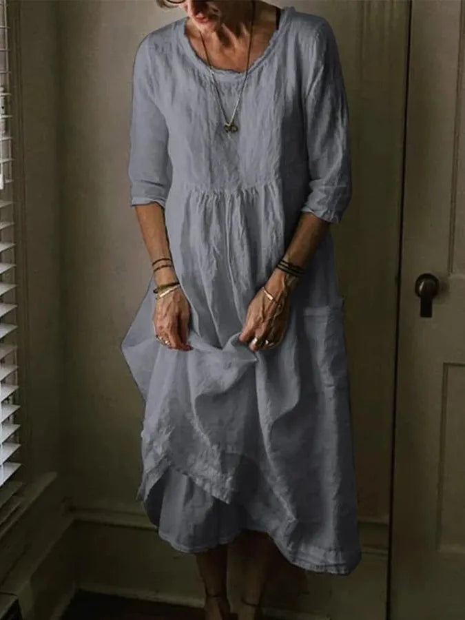 Félesca Maxi Dress for Women – Airy Blend of Cotton and Linen, Round Neck & Short Sleeves