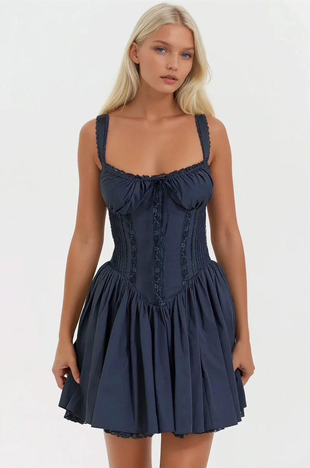 Syra Short Dress for Women – Satin Corset Dress with Flared Babydoll Skirt & Lace Finishes