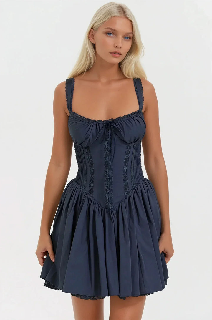 Syra Short Dress for Women – Satin Corset Dress with Flared Babydoll Skirt & Lace Finishes