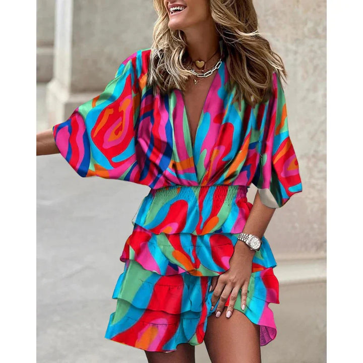 Anastasia Women's Summer Dress – Short Sleeve V-Neck Dress with Elastic Waist for Hot Days