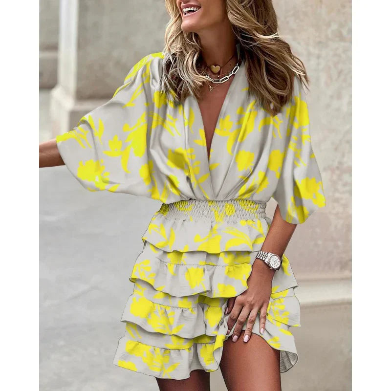 Anastasia Women's Summer Dress – Short Sleeve V-Neck Dress with Elastic Waist for Hot Days