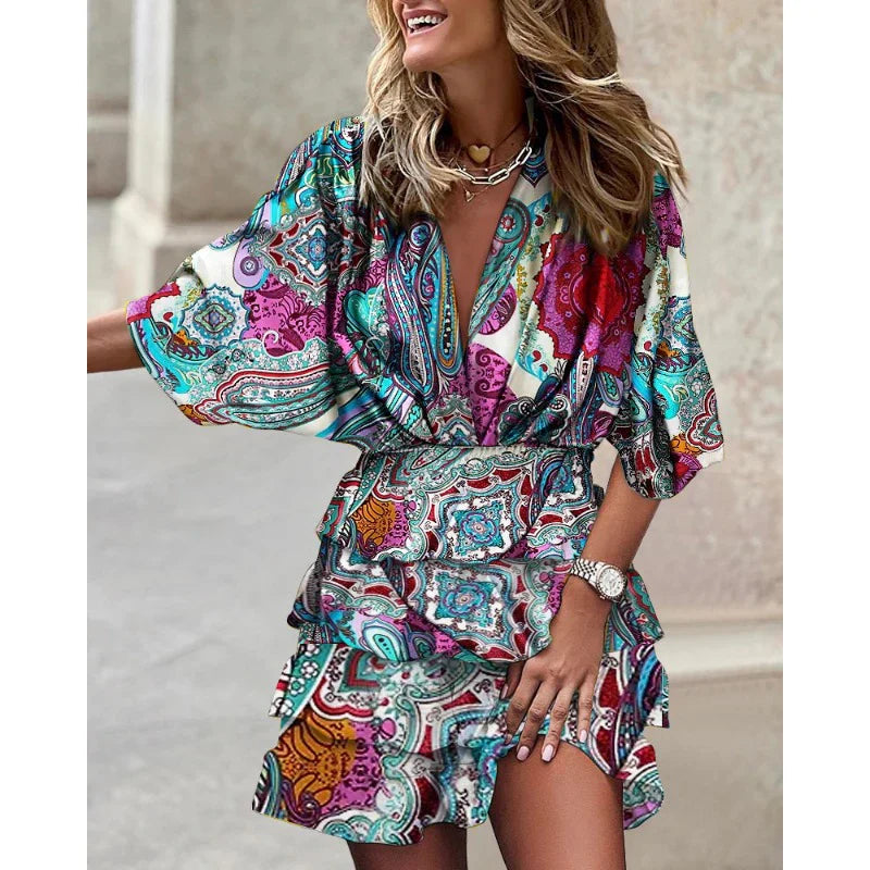 Anastasia Women's Summer Dress – Short Sleeve V-Neck Dress with Elastic Waist for Hot Days