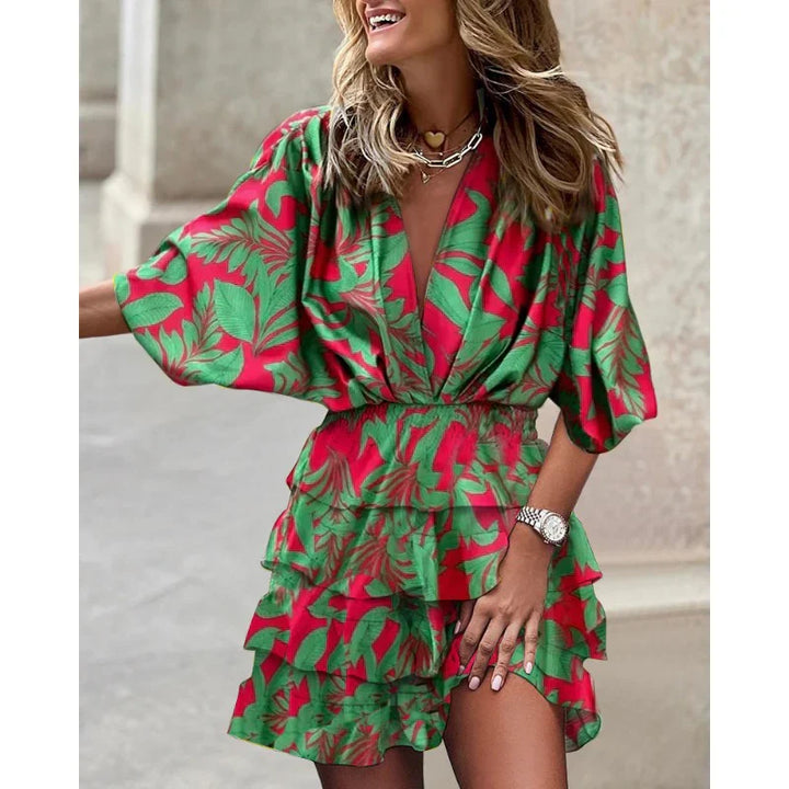 Anastasia Women's Summer Dress – Short Sleeve V-Neck Dress with Elastic Waist for Hot Days