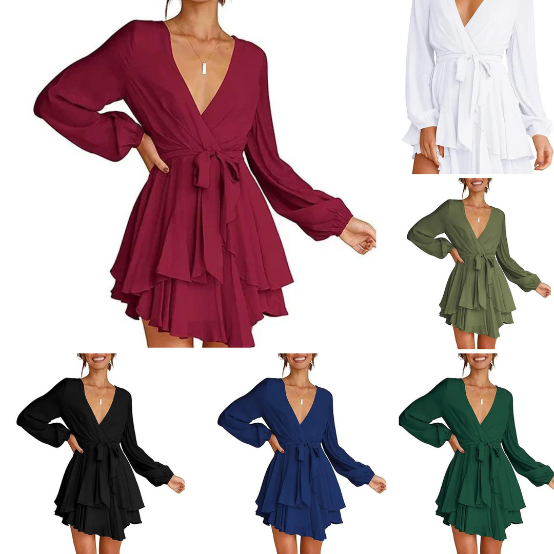 Cléo Women's Short Dress – Flared Dress with V-Neck, Belt & Long Sleeves