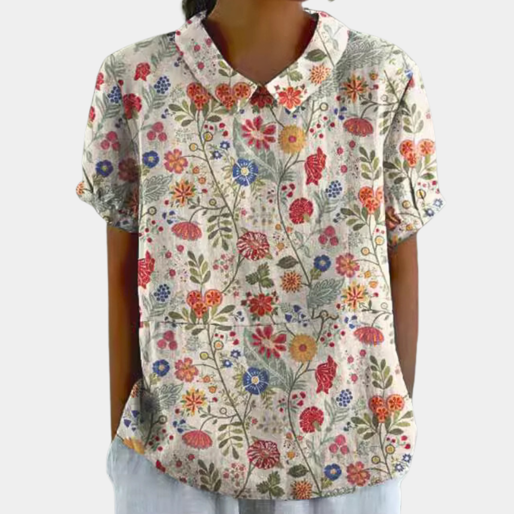 Bruna Blouse for Women – Casual Short Sleeve Top with Pastoral Floral Print & Round Neck