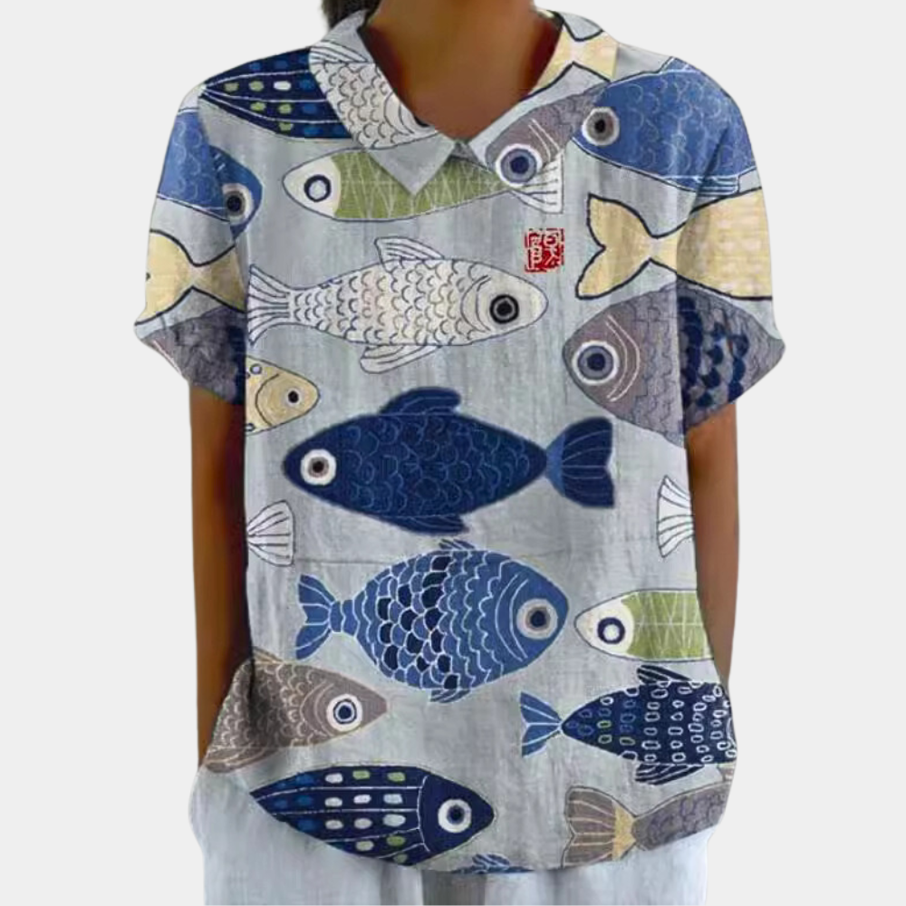 Bruna Blouse Women – Casual Short Sleeve Top with Pastoral Floral Print & Round Neck