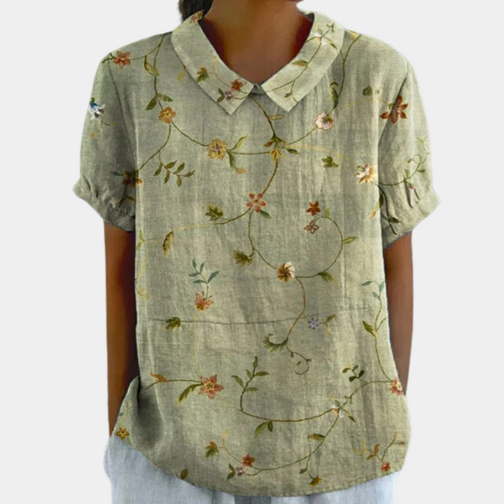 Bruna Blouse for Women – Casual Short Sleeve Top with Pastoral Floral Print & Round Neck
