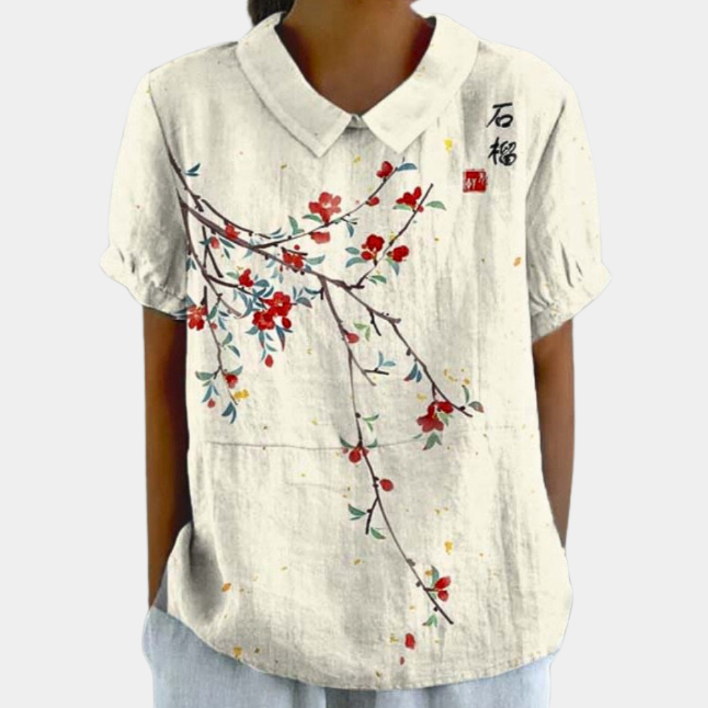 Bruna Blouse for Women – Casual Short Sleeve Top with Pastoral Floral Print & Round Neck