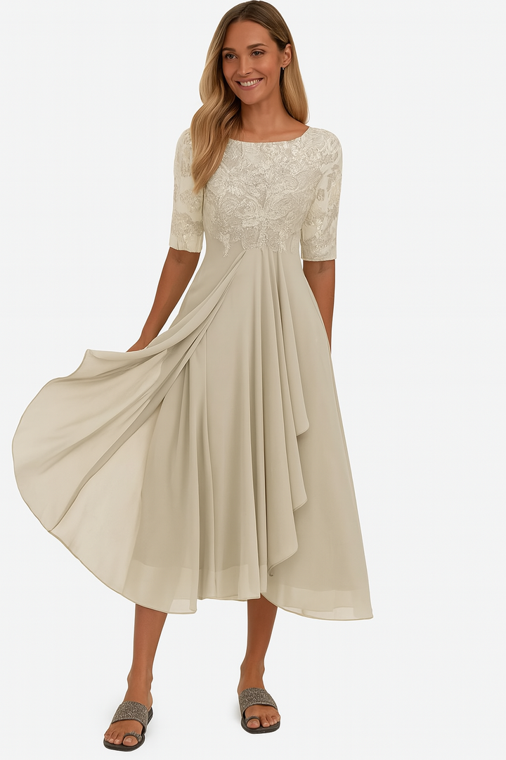 Vera Elegant Women's Dress – Lace & Chiffon Dress, A-Line, Knee-Length & Short Sleeves
