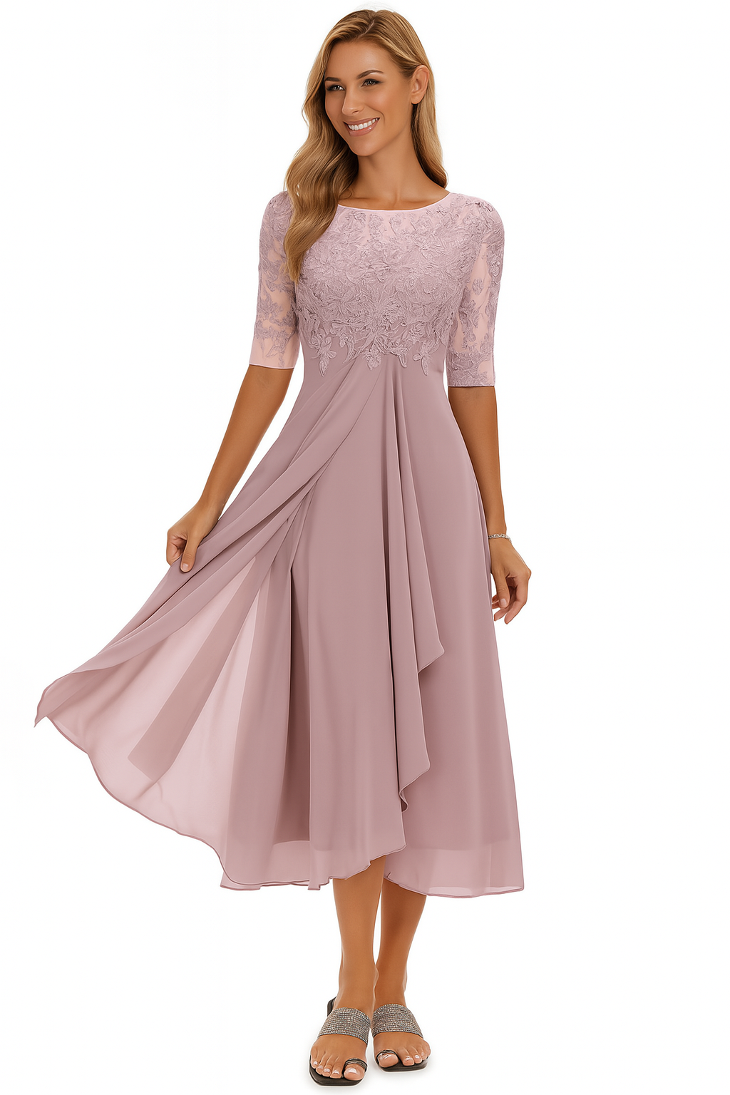 Vera Elegant Women's Dress – Lace & Chiffon Dress, A-Line, Knee-Length & Short Sleeves