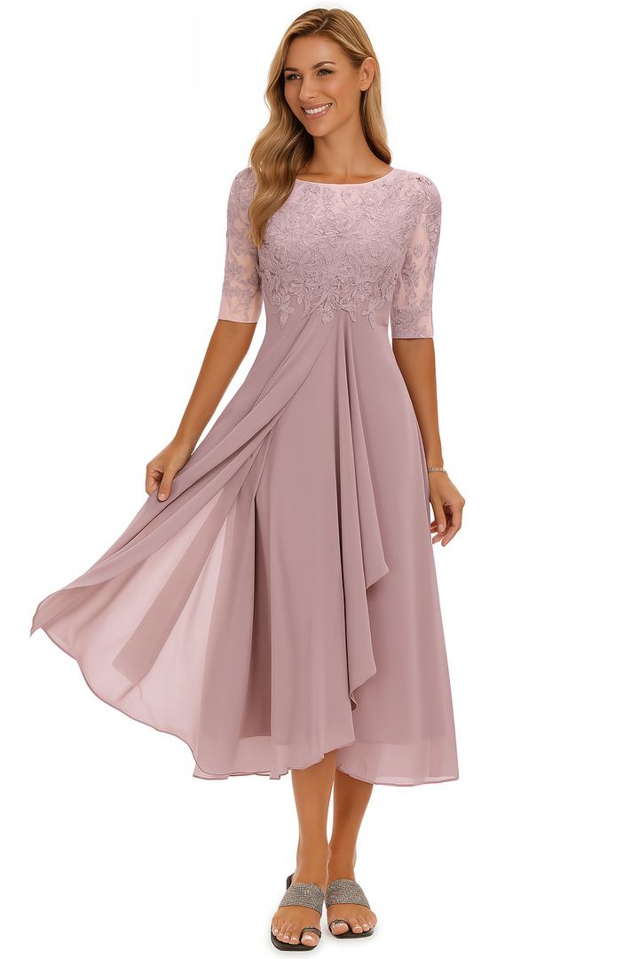 Vera Elegant Women's Dress – Lace & Chiffon Dress, A-Line, Knee-Length & Short Sleeves